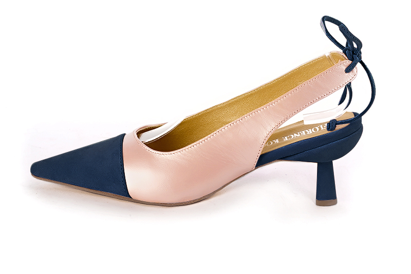 French elegance and refinement for these navy blue and powder pink dress slingback shoes, 
                available in many subtle leather and colour combinations. This beautiful enveloping pump will fit your foot without binding it
Its rear lacing will allow you to adjust it to your liking.
To be declined according to your choice of materials and colors.  
                Matching clutches for parties, ceremonies and weddings.   
                You can customize these shoes to perfectly match your tastes or needs, and have a unique model.  
                Choice of leathers, colours, knots and heels. 
                Wide range of materials and shades carefully chosen.  
                Rich collection of flat, low, mid and high heels.  
                Small and large shoe sizes - Florence KOOIJMAN